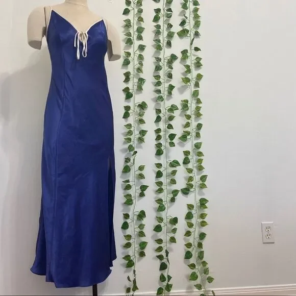 Victoria’s Secret Blue Satin Maxi Slip Dress | Lace Trim Nightgown Chemise | Siz - Picture 2 of 6